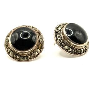 Vintage 90s Collins Fine Jewelry Sterling Silver Black Onyx Marcasite Studs